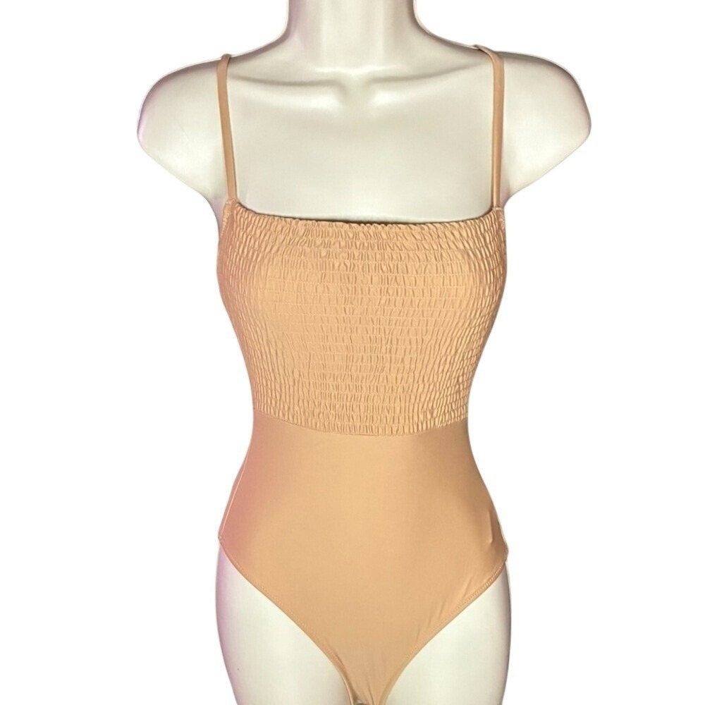Aerie Nude‎ Beige Smocked One Piece Swimsuit XS Cheeky Seamless Adjustable NWT